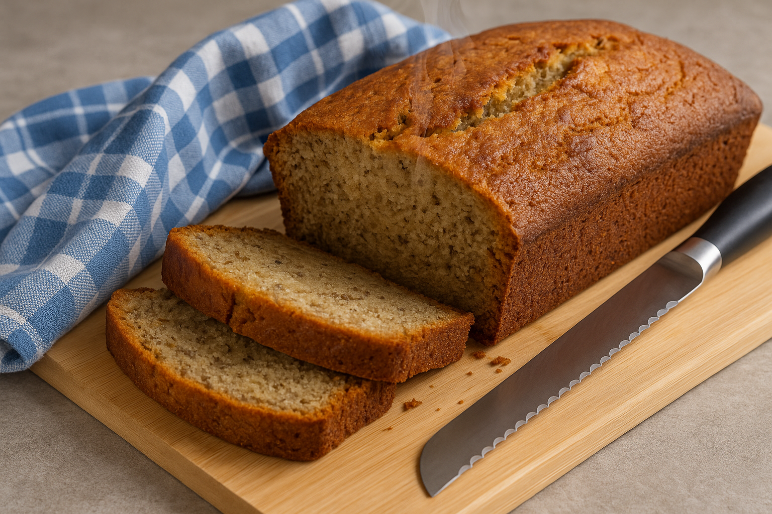 Banana Bread Loaf with Knife and Steam