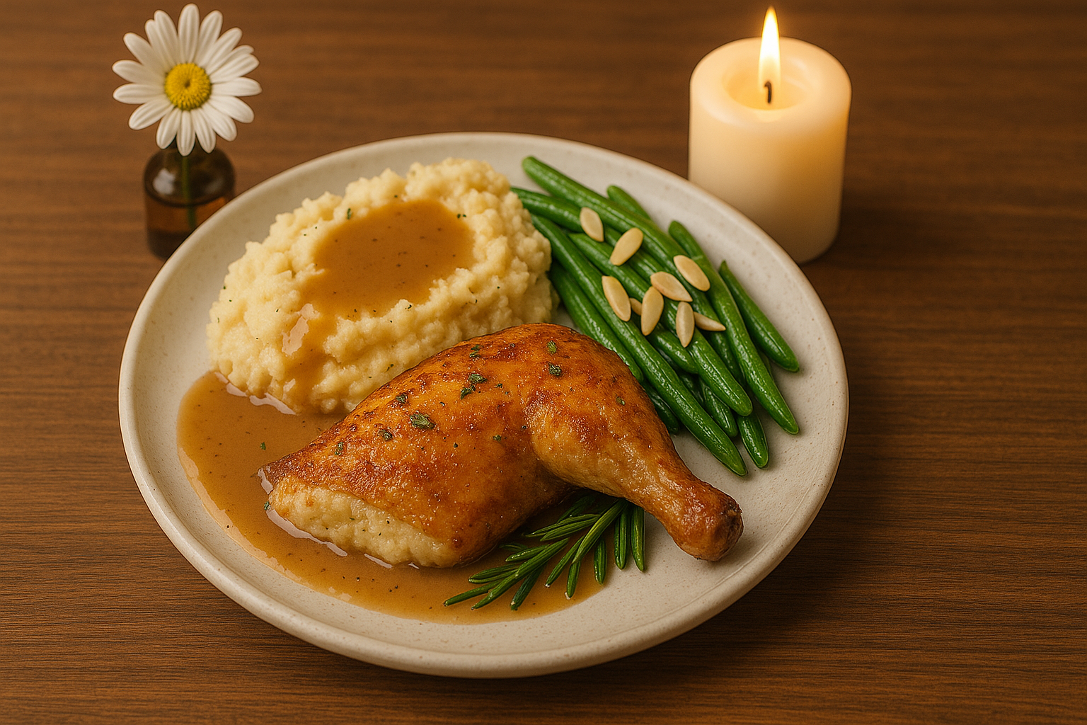 Baked rosemary chicken quarter with rutabaga–garlic mashed potatoes, green beans with slivered almonds, and chicken gravy