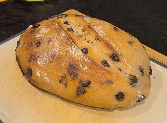 Chocolate Chip Sourdough Loaf with Dark Gooey Crumb