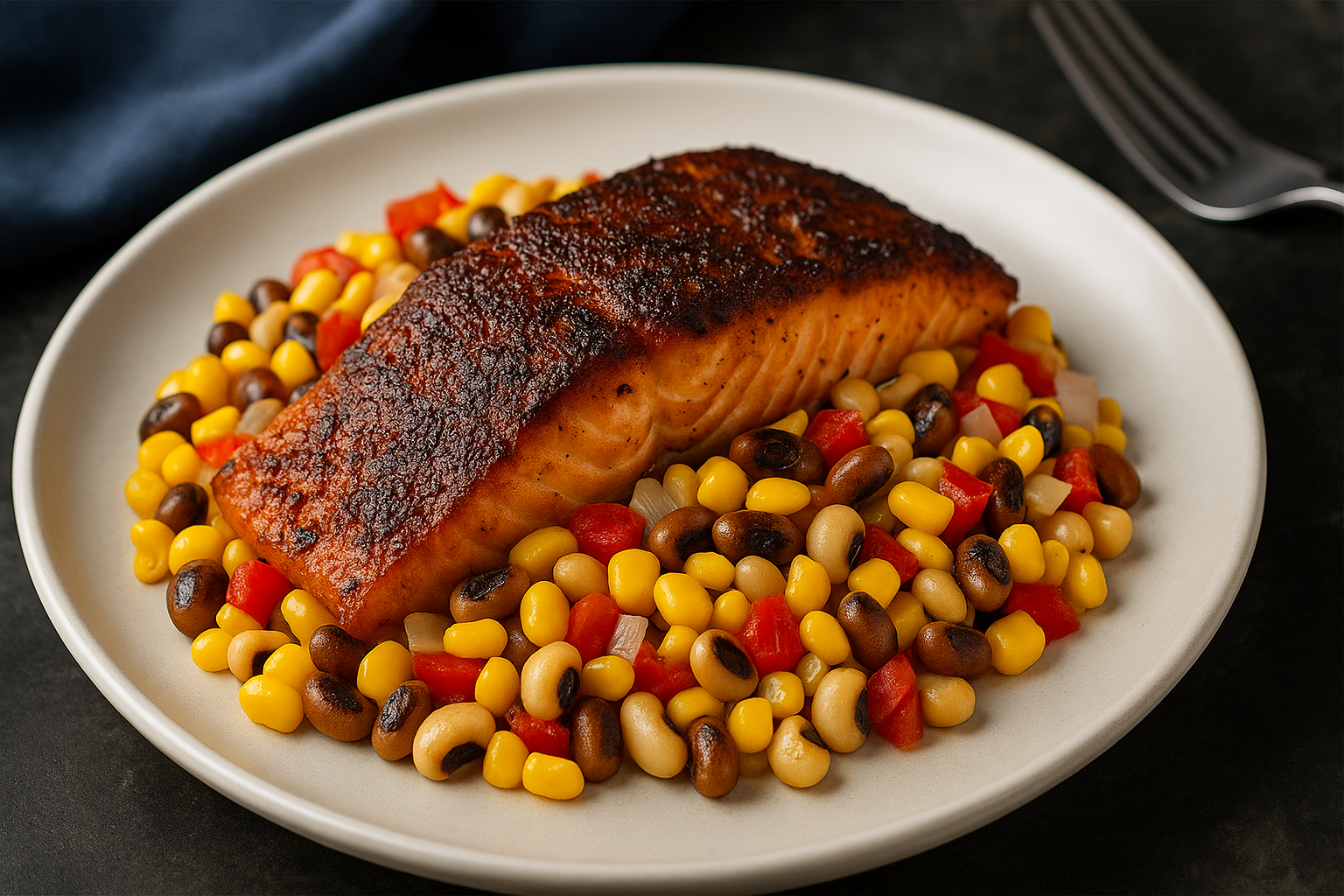 Blackened salmon with corn, red bell pepper, cherry tomatoes, and black-eyed peas