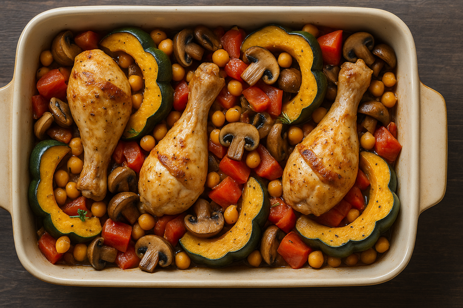 Roasted Chicken Legs with Acorn Squash & Tomato Casserole