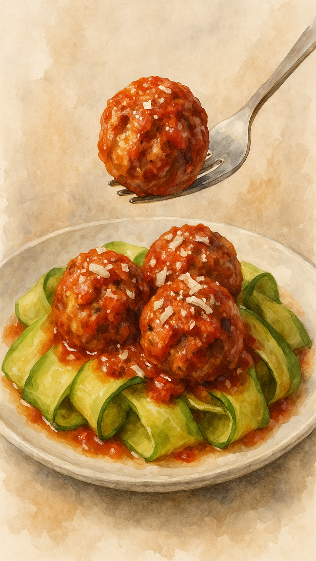 Turkey meatballs with marinara over zucchini ribbons